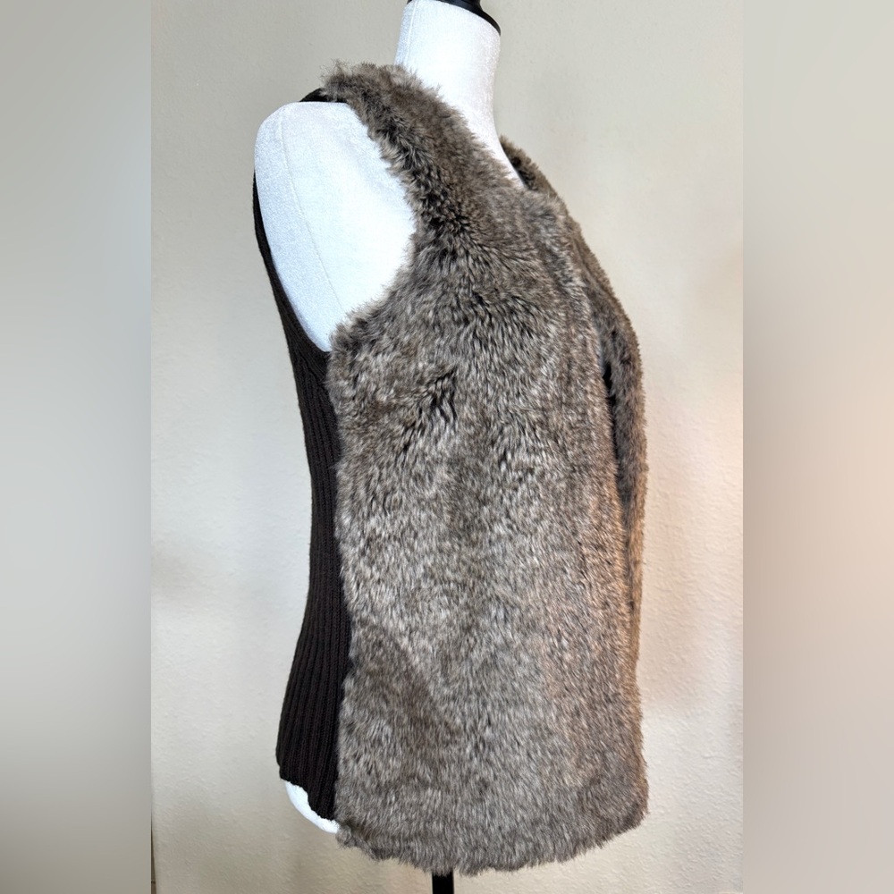 Women's Faux Fur Open-Front Vest Sweater Brown with ribbed knit back